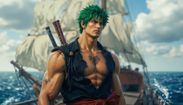 (best quality, 128k,highres,masterpiece:1.2),ultra-detailed,(realistic,photorealistic,photo-realistic:1.37), ((masterpiece)) ((photography)) ((Highest quality)) Ultra-realistic digital painting of Roronoa Zoro, depicted as a powerful swordsman with a muscu...