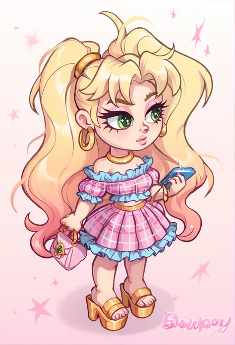 1girl, solo, masterpiece, best quality, straight long blonde hair, pouting, soft pink lips, gold hoop earrings, frilly off the shoulder crop top, lilac crop top, strapless crop top, short pink plaid mini skirt, pink platform heels, cute girl, holding her p...
