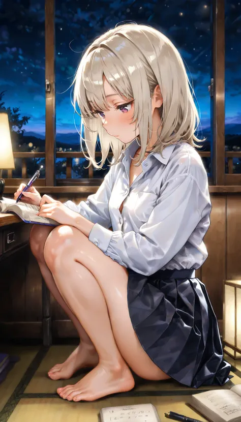 top quality , details, 18 years oldの美しいgirl1人 ,,( platinum blonde medium hair ),、 gal、 1人のgirl,, Suggested gender, ,girl, 18 years old, (small breasts:0.8), beautiful face, Chest, , Japanese-style room, night, photos, masterpiece, best quality, Great quali...