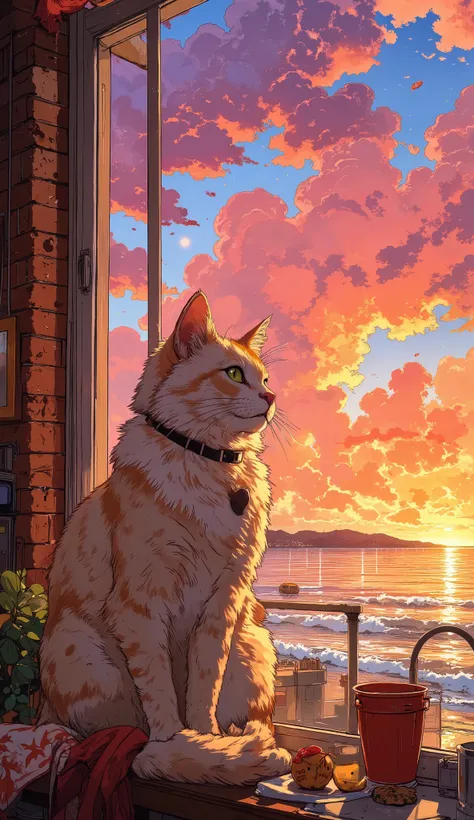 A fluffy white Persian cat sits gracefully on a windowsill, watching a breathtaking sunset over the ocean. The sky is painted in shades of pink, orange, and purple, casting a golden glow on the cat’s soft fur. Gentle waves can be seen in the distance, refl...