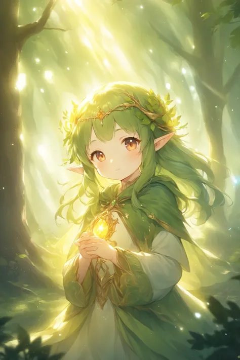 1people、solo、 in the woods、Guardian of the Forest、Light effects、Warm sunlight filtering through the trees、characters、大peopleの女性、cute、 Gold、elf、god々like