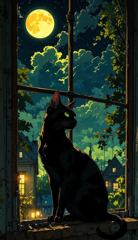 A sleek black cat with piercing green eyes sits on a windowsill, bathed in the glow of a large full moon. The night sky is filled with twinkling stars, and an eerie mist rolls over the city below. The cat’s tail curls around its paws as it gazes at the moo...