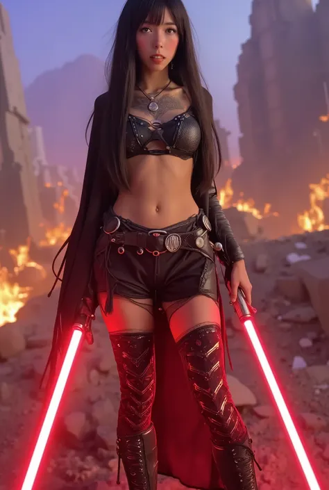 evil Sith Warrior (swh, age 25, red skin, sexy fighting leathers, many dark hypnotic tattoos, yellow eyes, razor teeth, wild hair, red lightsaber, many piercings, evil jewelry) she is in hunting/action poses, menacing, (star wars) ruined futuristic burning...