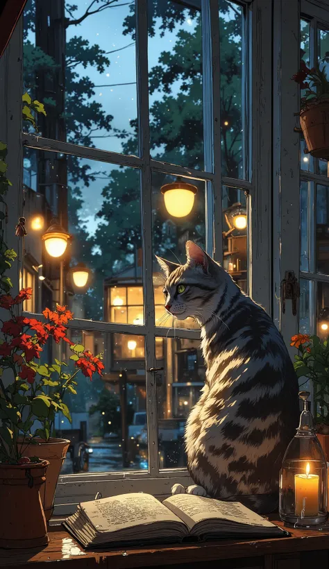 A grey and white tabby cat sits on a foggy windowpane, watching raindrops slide down the glass. Outside, blurred city lights create a dreamy, bokeh effect. The cat's ears twitch at the sound of raindrops hitting the window, and its fur looks slightly fluff...