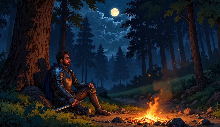 A medieval knight, around 30 years old, with a rugged face, short brown hair, and a scar on his cheek, sitting on the ground and leaning against a large tree at night. He wears a slightly worn chainmail armor with a dark blue and silver tabard, his sword r...