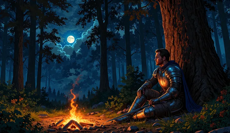 A medieval knight, around 30 years old, with a rugged face, short brown hair, and a scar on his cheek, sitting on the ground and leaning against a large tree at night. He wears a slightly worn chainmail armor with a dark blue and silver tabard, his sword r...