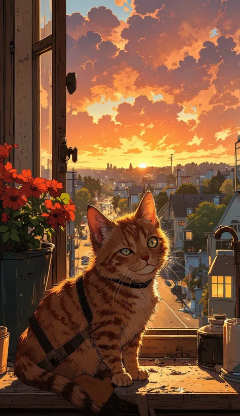 A tiny, fluffy kitten with big, curious eyes sits on a high windowsill, watching the first rays of the sunrise spill over a quiet city. The camera is positioned behind the kitten at an over-the-shoulder angle, showing its tiny ears perked up as it gazes at...