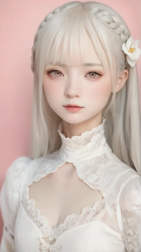 perfect anatomy, japanese girls , alone、one girl、少し短い首:1.7, Albino Skin, Gray Hair, straight long hair , light brown eyes, high neck lace fabric, white clothes, artistic lace braiding, hands are invisible, Fingers Invisible, Arms behind back...
