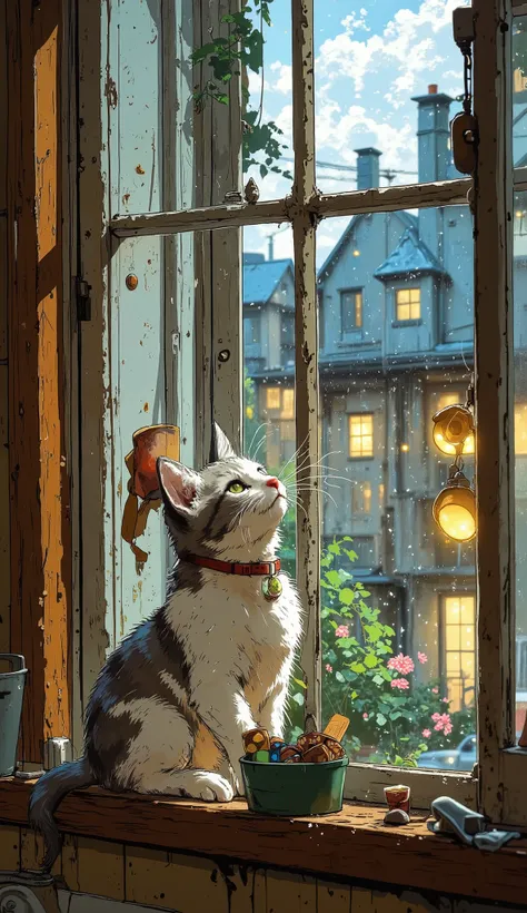 A chubby white and grey kitten sits on a cozy windowsill, playfully swatting at raindrops running down the glass. The perspective is from below, looking up at the kitten as it stretches its tiny paws toward the wet surface. Soft, warm indoor lighting contr...