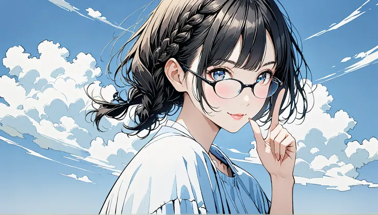 ((cloud))、((alone)),((blue sky background)),wind、((finger_gun,viewer)),(()),((Front View)),Smile,((black hair braid long hairstyle)),(((black rimmed glasses))),masterpiece, Highest quality, Beautiful attention to detail, Very detailed, In detail, High reso...