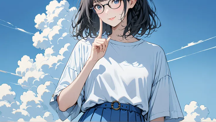 ((cloud))、((alone)),((blue sky background)),wind、((finger_gun)),(( fingertips)),((Front View)),Smile,((black hair braid long hairstyle)),(((black rimmed glasses))),masterpiece, Highest quality, Beautiful attention to detail, Very detailed, In detail, High ...