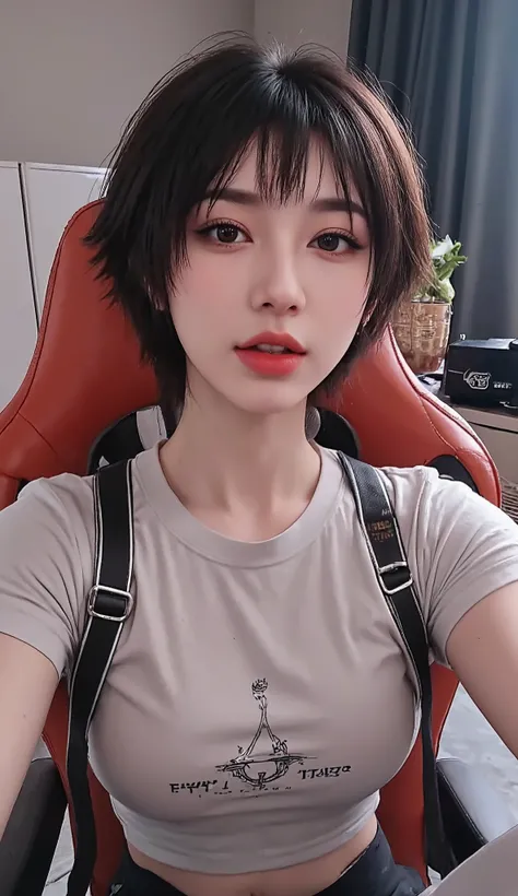 selfie angle, sitting in a gamer chair, perfect Chinese, athletic and slim body, short hair with a modern cut, wearing leggings and a light T-shirt, makeup with strong blush: 1.5, perfect long, strong and thick winged eyeliner, tongue out, beautiful eye de...