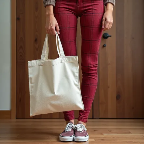 (((Close-up - low angle))) From the trunk of a young, thin woman sitting in stripped-down, wearing tight red plaid pants and (((Vans® sneakers))), holding one holding a white cloth bag, holding a raw cloth bag, square bag,  Sustainable Materials , flat bag...