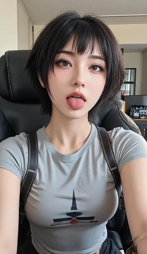 selfie angle, sitting in a gamer chair, perfect Chinese, athletic and slim body, short hair with a modern cut, wearing leggings and a light T-shirt, makeup with strong blush: 1.5, perfect long, strong and thick winged eyeliner, tongue out, beautiful eye de...
