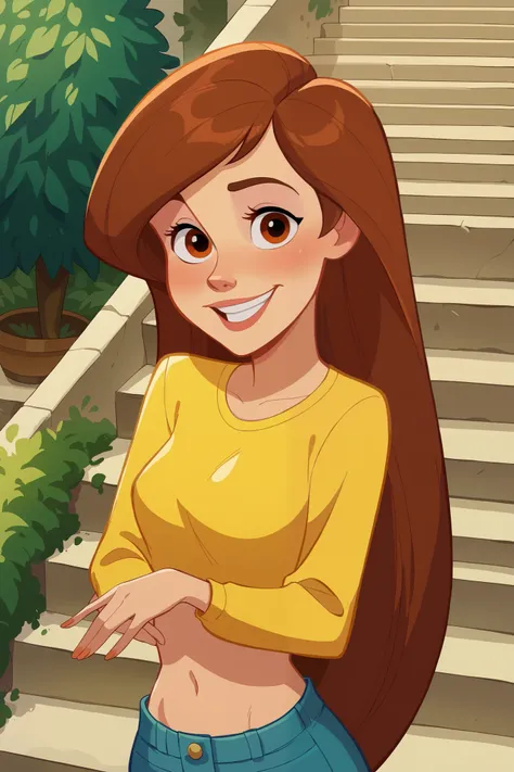 young Helen parr waist-length very long hair smiling sweetly standing far away in a cute croptop tight very short dress outfit and smiling at the viewer excited to see the viewer. vline, slight midriff coming down the stairs elegantly, wearing makeup. Pov ...