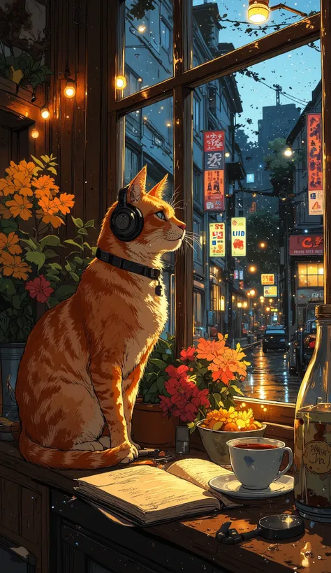 An orange tabby cat sits on a wide windowsill, wearing oversized headphones as it gazes out at a rainy cityscape. The shot is over-the-shoulder, showing soft neon signs reflecting in the raindrops on the glass. A warm cup of tea steams next to an open sket...