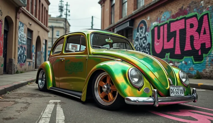 a future 1963 Volkswagen Beetle hyper Car. We see the full car in the image with glossy Chameleon paintwork in a street, top right of the image we see Epic colourful graffiti, the graffiti text says "ULTRA"