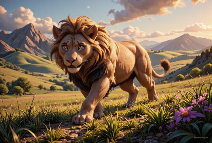 Lion running through the prairie