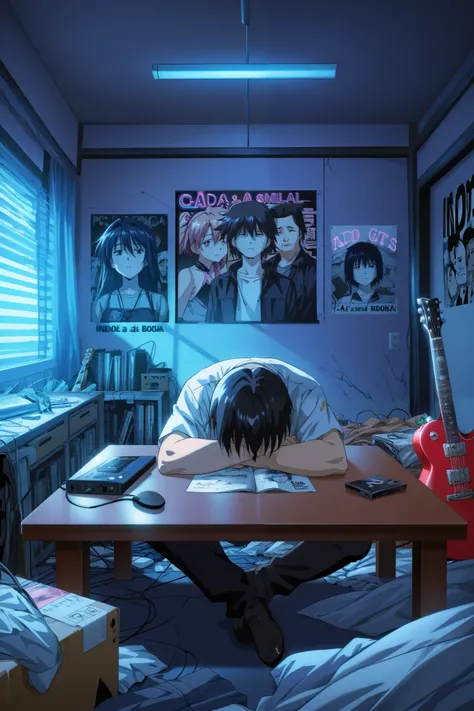 Depressed guy writing songs inside his room, messy room, pc and booka on a table, anime style, view from behing, neon lights, indore plants and small anime toys on shelf, add a guitar and a posters of his lover 