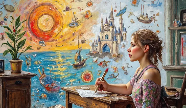 surreal fantasy, crayon, a girl drawing in paper and her drawings getting live and flying for the room, sun, boat, castle, princess. bright primary colors,: photorealistic, intricate details, by greg rutkowski, akihiko yoshida, concept art artgerm, pascal ...