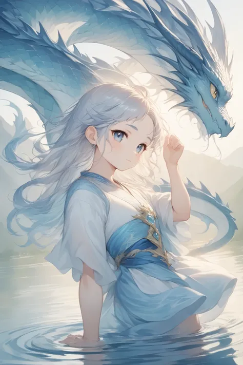 (masterpiece:1.2),high quality of wavy lines、 beautiful details 、best quality、1people、solo、lake、 the surface of the water reflects 、Descendants of dragons、dragon clan、大peopleの女性、light blue and white gradation、cute
