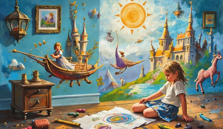 A surreal fantasy scene of a young girl sitting on the floor, drawing with crayons on paper. As she draws, the images of a bright sun, a whimsical boat, a majestic castle, and a princess start to float off the page and fly around the room. The atmosphere i...