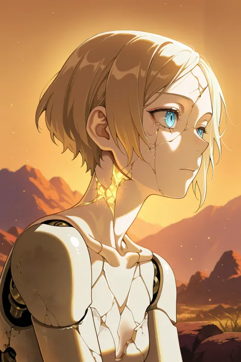 amazing quality, very aesthetic, 1girl, cracked skin, doll joints, anime screencap, detailed portrait of a young anime girl, cracked porcelain skin, doll-like mechanical joints, sitting in a serene landscape, 4k, ultra-detailed, photorealistic, dramatic li...