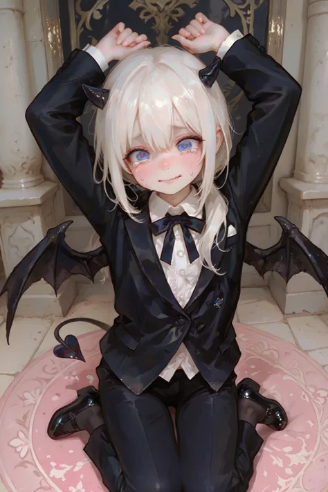 masterpiece, best quality, Detailed Eyes, boy, fantasy, kawaii, coward, blue eye, low ponytail white hair, younger brother, young face, clumsy, cute face, girly face, semi realistic, 8k, black suit, black jean, nervous face,black devil wings, black tiny de...