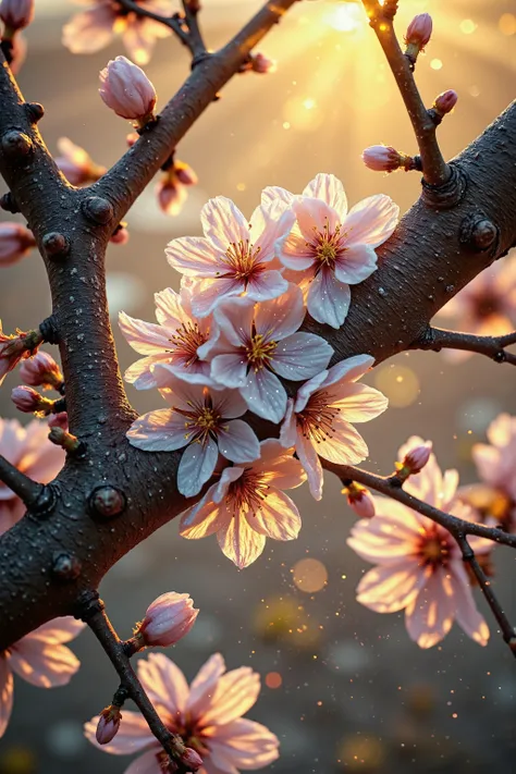 A breathtaking macro view of sakura flowers in full bloom, delicately clustered along a dark, textured branch, bathed in the warm, golden light of Japanese spring. The blossoms are primarily a soft, luminous white with subtle blush undertones, their near-t...