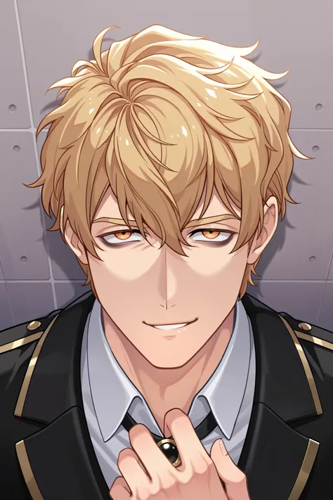 quincy, Quincy pressed the viewer against the wall, the viewer looks up at him, his hands are at the sides of the viewer blocking the way, dark circles under his eyes, smirk