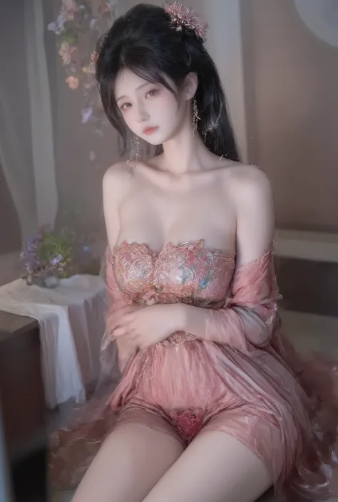 girl,solo,dress,earrings,jewelry,long hair, ancient female chinese clothes,looking at viewer , Chinese dress,brown eyes, black hair, sexy camisole, camisole like a pink see through cloth, revealing full thights and hip and venter, top quality, Masterpiece,...