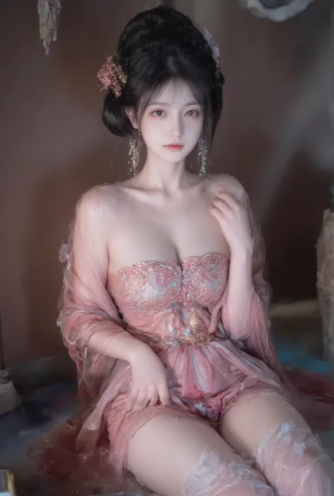 girl,solo,dress,earrings,jewelry,long hair, ancient female chinese clothes,looking at viewer , Chinese dress,brown eyes, black hair, sexy camisole, camisole like a pink see through cloth, revealing full thights and hip and venter, top quality, Masterpiece,...