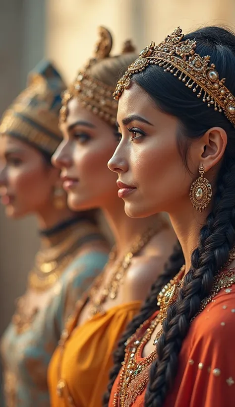 A visually captivating collage showcasing the evolution of beauty trends across ancient empires. The image features an Egyptian figure with kohl-lined eyes, a Roman woman with an elaborate blonde wig, a Persian woman applying henna, and a Mongolian woman w...
