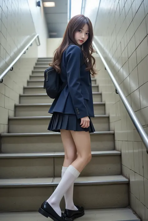 (high resolution), (8k), (very well detailed),  (best quality), (from below), (masterpiece),(photorealistic)、( High School Girl in Uniform Climbing the Stairs at the Station :1.2)、((Back pose, makes me bend my back,)), beautiful woman,  Stylish Korean Idol...