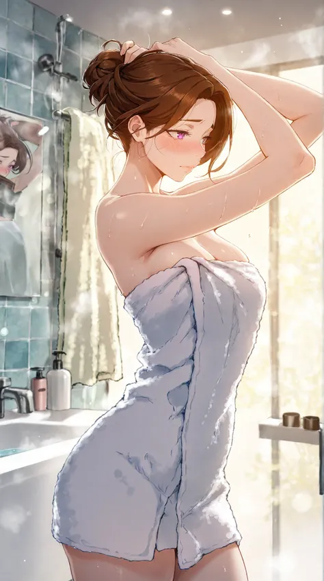 Masterpiece, 1milf, ERO404 style, brown hair, mature female, purple eyes, short hair, single hair bun, (thick eyebrows:0.7), dynamic lighting, ultra detailed, highres, absurdres, home,stunning visual cg, (shy demeanor, bathroom, bath towel, tying hair), me...