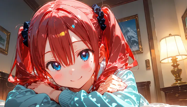 masterpiece , best quality, 1girl, high twintails, short twintails, round eyes, black scrunchie, bangs, hair between eyes, red hair, blue eyes eyes, mole under left eye, 16-year-old, Parker, looking at viewer, smiling, in the room, hyper detailed, anime, (...