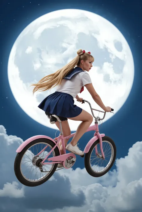Create a hyper-realistic photograph of a stunning 20-year-old girl with fair skin. She has very long straight blonde hair styled in two round buns as twin tails. She is wearing a Sailormoon costume. The background features a large, luminous moon that fills...