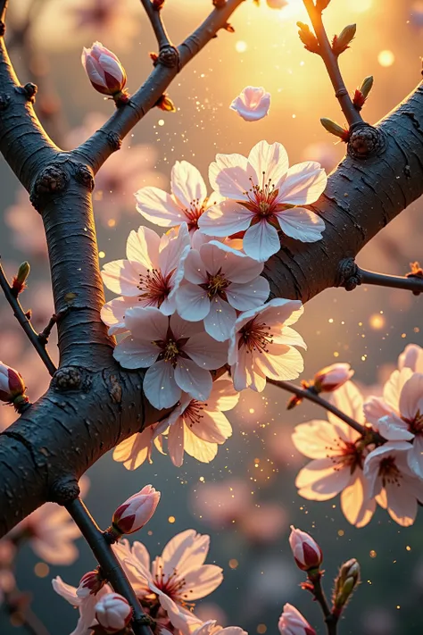 A breathtaking macro view of sakura flowers in full bloom, delicately clustered along a dark, textured branch, bathed in the warm, golden light of Japanese spring. The blossoms are primarily a soft, luminous white with subtle blush undertones, their near-t...
