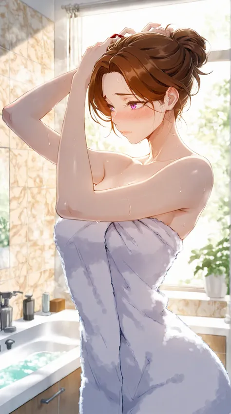 Masterpiece, 1milf, ERO404 style, brown hair, mature female, purple eyes, short hair, single hair bun, (thick eyebrows:0.7), dynamic lighting, ultra detailed, highres, absurdres, home,stunning visual cg, (shy demeanor, bathroom, bath towel, tying hair), me...