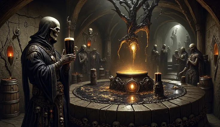 In the heart of a crumbling, ancient crypt, a necromancer clad in tattered robes embroidered with barley and hop motifs stands before a grotesque altar. The altar, carved from obsidian and adorned with skeletal remains, is surrounded by shattered brewing b...