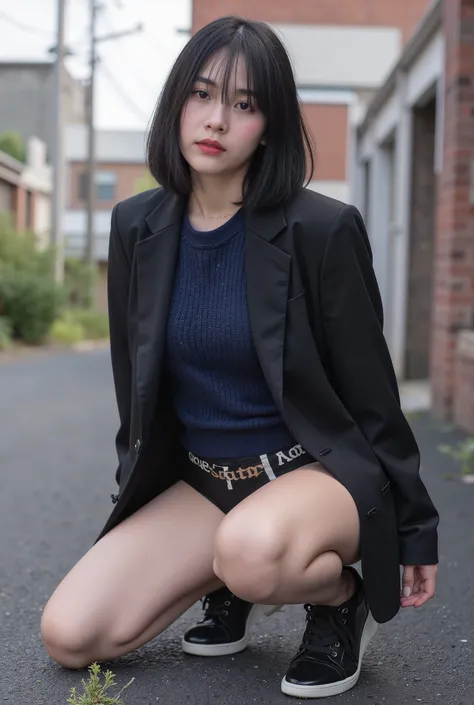 A 15-year-old Japanese woman crouching to show her crotch muscles with her crotch wide open、in an industrial area。sexy huge ass and thighs。qos tattoo 、BBC、NTR、rapes。black lips。Big Breasts、tattered black suit、deep blue sweater。black underwear。Short black, u...