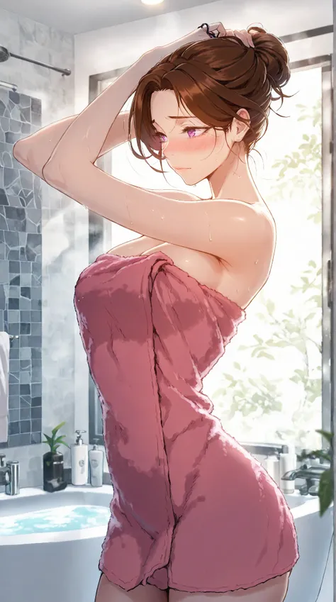 Masterpiece, 1milf, ERO404 style, brown hair, mature female, purple eyes, short hair, single hair bun, (thick eyebrows:0.7), dynamic lighting, ultra detailed, highres, absurdres, home,stunning visual cg, (shy demeanor, bathroom, bath towel, tying hair), me...