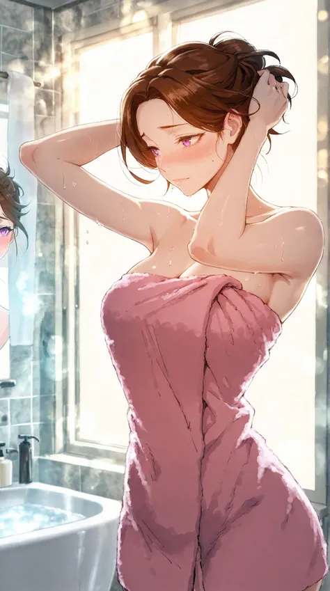 Masterpiece, 1milf, ERO404 style, brown hair, mature female, purple eyes, short hair, single hair bun, (thick eyebrows:0.7), dynamic lighting, ultra detailed, highres, absurdres, home,stunning visual cg, (shy demeanor, bathroom, bath towel, tying hair), me...