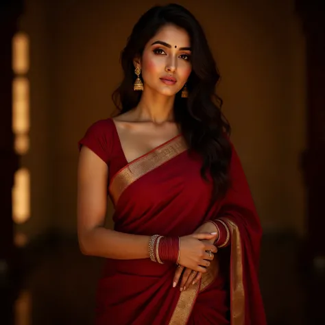 Photorealistic, hyper-detailed portrait of A mesmerizing indie golden brown woman draped in a deep red saree with golden borders, exuding grace and timeless beauty. The saree flows elegantly over her toned yet curvaceous figure, its soft pleats enhancing h...