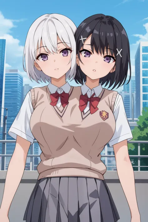 conjoined, 2girls, 2heads, two heads, a tall thin girls with 2 heads, x hair ornament, white hair, black hair, short hair, purple eyes, large breasts, front shots, skirt, shirt, school uniform, white shirt, short sleeves, pleated skirt, grey skirt, sweater...