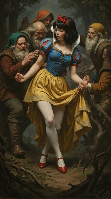 Snow White is left deep in the forest and captured by savage dwarves,

((NSFW)),
rmbt,
18th century,

1 girl, 7 guys,
Young Snow White,
Black bob hair with red ribbon,
Blue bodice and yellow mini skirt with white tights and red patent leather shoes,
Snow W...
