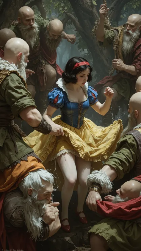 Snow White is left deep in the forest and captured by savage dwarves,

((NSFW)),
rmbt,
18th century,

1 girl, 7 guys,
Young Snow White,
Black bob hair with red ribbon,
Blue bodice and yellow mini skirt with white tights and red patent leather shoes,
Snow W...