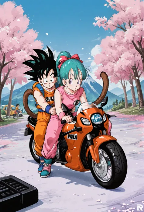 masterpiece, best quality, amazing quality, very aesthetic, newest, duo, 1boy \(son goku, black hair, black eyes, spiked hair, orange outfit, monkey tail, male, standing, carry large carrier\) , 1girl \(bulma, dragon ball, ponytail, bangs, pink outfit, blu...