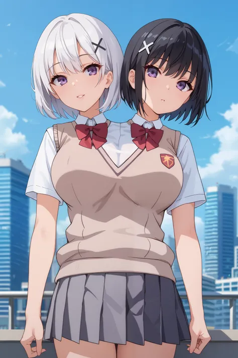 conjoined, 2girls, 2heads, two heads, a tall thin girls with 2 heads, x hair ornament, white hair, black hair, short hair, purple eyes, large breasts, front shots, skirt, shirt, school uniform, white shirt, short sleeves, pleated skirt, grey skirt, sweater...