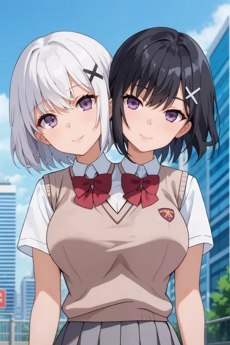 conjoined, 2girls, 2heads, two heads, a tall thin girls with 2 heads, x hair ornament, white hair, black hair, short hair, purple eyes, large breasts, front shots, skirt, shirt, school uniform, white shirt, short sleeves, pleated skirt, grey skirt, sweater...